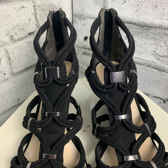 BAR III Black Strappy Faux Suede Open Toe Wedge Sandals Kalyn Heels - Picture 5 of 9